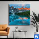 Wechselmotiv Moraenensee Sonnenaufgang Quadrat Produktvorschau mit dem Bild Moränensee Sonnenaufgang im Format Quadrat.