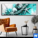 Wechselmotiv Muscheln Meereszauber In Tuerkis Panorama Produktvorschau mit dem Bild Muscheln-Meereszauber in Türkis im Format Panorama.