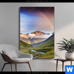 Wechselmotiv Nebel Und Regenbogen Zwischen Den Bergen Hochformat Produktvorschau mit dem Bild Nebel und Regenbogen zwischen den Bergen im Format Hochformat.