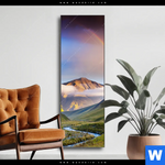 Wechselmotiv Nebel Und Regenbogen Zwischen Den Bergen Schmal Produktvorschau mit dem Bild Nebel und Regenbogen zwischen den Bergen im Format Schmal.