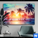 Wechselmotiv Palmen Bei Sonnenuntergang Querformat Produktvorschau mit dem Bild Palmen bei Sonnenuntergang im Format Querformat.