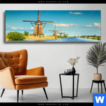 Wechselmotiv Romantik Zwischen Windmuehlen Panorama Produktvorschau mit dem Bild Romantik zwischen Windmühlen im Format Panorama.