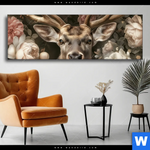 Wechselmotiv Romantischer Hirsch Mit Blumen Panorama Produktvorschau mit dem Bild Romantischer Hirsch mit Blumen im Format Panorama.