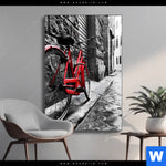 Wechselmotiv Rotes Fahrrad In Gasse Hochformat Produktvorschau mit dem Bild Rotes Fahrrad in Gasse im Format Hochformat.