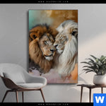 Wechselmotiv Sanfte Loewenmomente In Buntem Nebel Hochformat Produktvorschau mit dem Bild Sanfte Löwenmomente in buntem Nebel im Format Hochformat.