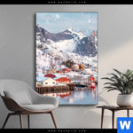 Wechselmotiv Skandinavisches Dorf Im Schnee Hochformat Produktvorschau mit dem Bild Skandinavisches Dorf im Schnee im Format Hochformat.