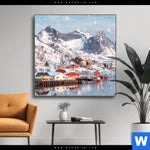 Wechselmotiv Skandinavisches Dorf Im Schnee Quadrat Produktvorschau mit dem Bild Skandinavisches Dorf im Schnee im Format Quadrat.
