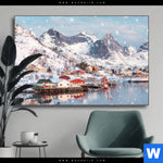 Wechselmotiv Skandinavisches Dorf Im Schnee Querformat Produktvorschau mit dem Bild Skandinavisches Dorf im Schnee im Format Querformat.