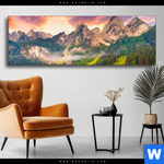 Wechselmotiv Sonnenaufgang Am Bergsee Panorama Produktvorschau mit dem Bild Sonnenaufgang am Bergsee im Format Panorama.