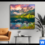 Wechselmotiv Sonnenaufgang Am Bergsee Quadrat Produktvorschau mit dem Bild Sonnenaufgang am Bergsee im Format Quadrat.