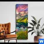 Wechselmotiv Sonnenaufgang Am Bergsee Schmal Produktvorschau mit dem Bild Sonnenaufgang am Bergsee im Format Schmal.