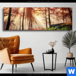Wechselmotiv Sonnenlicht Im Nebligen Wald Panorama Produktvorschau mit dem Bild Sonnenlicht im nebligen Wald im Format Panorama.