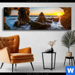 Wechselmotiv Sonnenuntergang In Meeresgrotte Panorama Produktvorschau mit dem Bild Sonnenuntergang in Meeresgrotte im Format Panorama.
