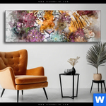 Wechselmotiv Tiger Blumen Panorama Produktvorschau mit dem Bild Tiger & Blumen im Format Panorama.