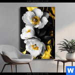 Wechselmotiv Weisse Blumen Mit Gold Hochformat Produktvorschau mit dem Bild Weiße Blumen mit Gold im Format Hochformat.