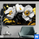 Wechselmotiv Weisse Blumen Mit Gold Querformat Produktvorschau mit dem Bild Weiße Blumen mit Gold im Format Querformat.