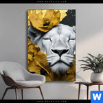 Wechselmotiv Weisse Loewin Mit Goldblueten Hochformat Produktvorschau mit dem Bild Weiße Löwin mit Goldblüten im Format Hochformat.