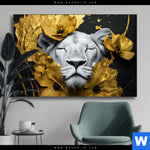 Wechselmotiv Weisse Loewin Mit Goldblueten Querformat Produktvorschau mit dem Bild Weiße Löwin mit Goldblüten im Format Querformat.