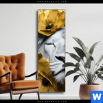 Wechselmotiv Weisse Loewin Mit Goldblueten Schmal Produktvorschau mit dem Bild Weiße Löwin mit Goldblüten im Format Schmal.