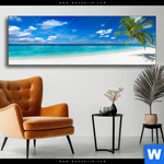 Wechselmotiv Weisser Strand Kokospalme Panorama Produktvorschau mit dem Bild Weißer Strand & Kokospalme im Format Panorama.