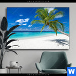 Wechselmotiv Weisser Strand Kokospalme Querformat Produktvorschau mit dem Bild Weißer Strand & Kokospalme im Format Querformat.