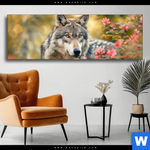 Wechselmotiv Wolfsblick Im Fruehling Panorama Produktvorschau mit dem Bild Wolfsblick im Frühling im Format Panorama.